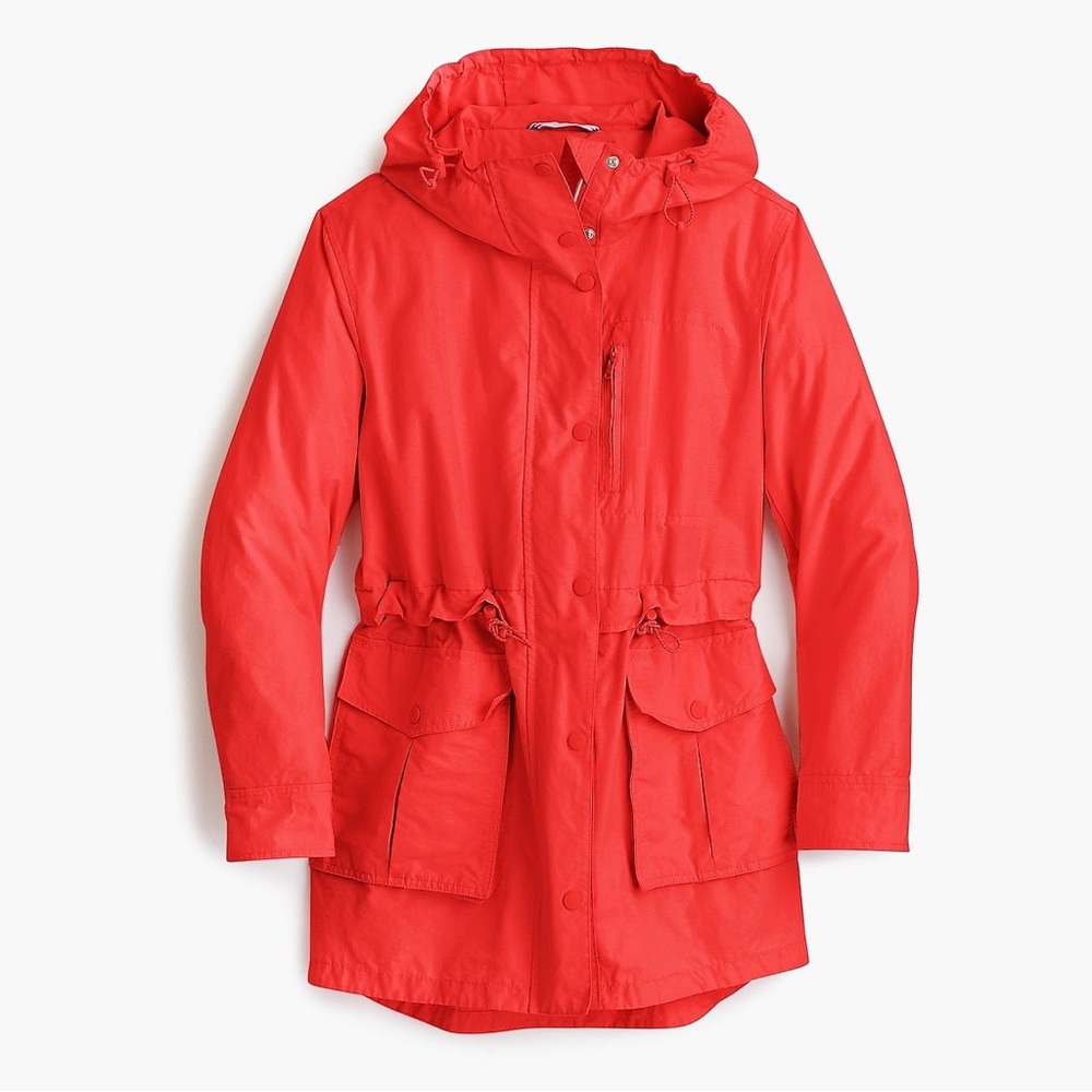 J. Crew Perfect Fit Cerulean Red Hooded Rain Coat, Large Tall